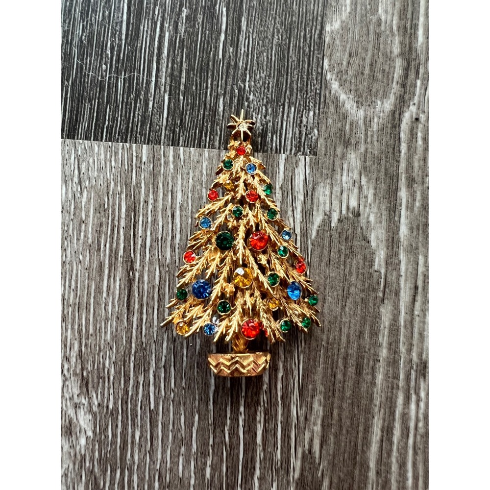 Art Christmas Tree‎ Brooch Womens OS Gold Rhinestone Vintage Holiday Pin